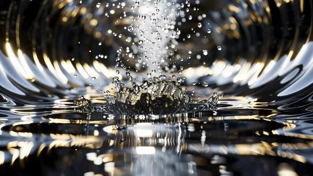 A waterfall with cascading antiparticle droplets creating a mesmerizing mirrored effect.