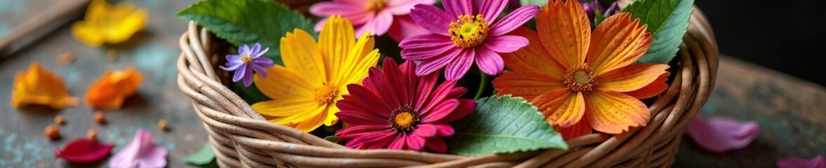 arrangement of dried flowers and leaves in a wicker basket, petals, leaves