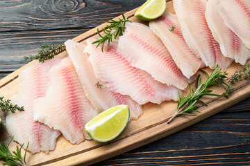 Raw tilapia fillet photography . Top view