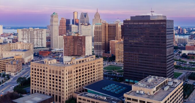High-angle view of Detroit's downtown skyline, featuring DTE Energy headquarters. Urban landscape, business district. DOWNTOWN, DETROIT, MICHIGAN, UNITED STATES