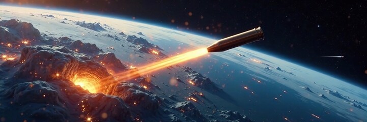 Obraz premium A single bullet hurtles towards the earth's surface, descent, terrain