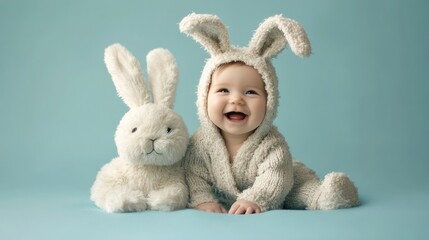 Obraz premium Baby laughing wearing bunny costume with plush bunny toy