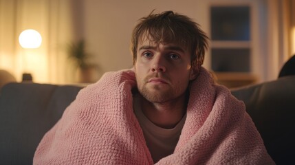 Sick man watching tv wrapped in blanket on the sofa at night