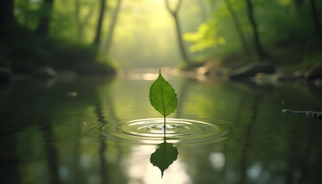 A green maple leaf floating on water with water droplets against a blurred green background sunlight