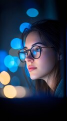 Young woman wearing glasses working at night on computer screen