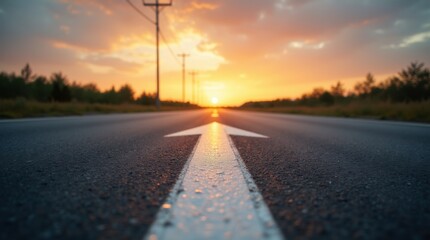 Low angle photography of a white arrow on the asphalt road during the sunset. Straight ahead way concept, path to success direction, business career future guidance, journey to the destination