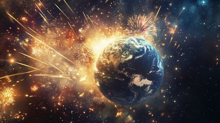 Obraz premium A dreamy and surreal New Year background featuring a glowing planet Earth surrounded by fireworks and shooting stars, symbolizing a global celebration of the new year, 16:9