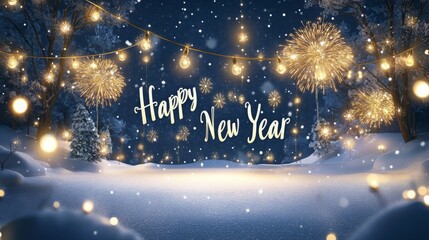 Naklejka premium Happy New Year ,snowy outdoor scene with softly glowing fairy lights strung across trees, golden fireworks, and 