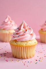 A vanilla cupcake with pale pink cream frosting and a sprinkle of colored sugar, simple background, cupcakes