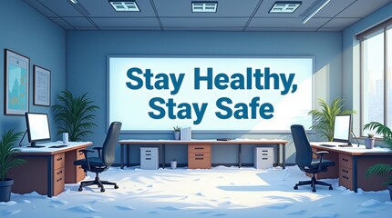 Promoting health and safety in the workplace modern office motivational content bright environment wide angle view