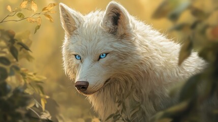 Obraz premium Majestic Albino Wolf with Blue Eyes in Natural Setting