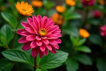 A vibrant blooming chrysanthemum flower in a garden amidst lush green leaves, blossom, chrysanthemum, fall foliage