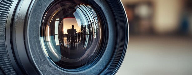Advocating for Press Freedom and Journalistic Integrity captured in macro photography, focusing on the intricate mechanics of a camera lens reflecting the faint silhouette of a news scene.