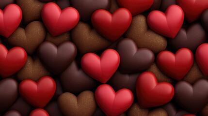 Fototapeta premium A vibrant assortment of red and dark chocolate hearts, creating a visually appealing and romantic pattern perfect for celebrations.
