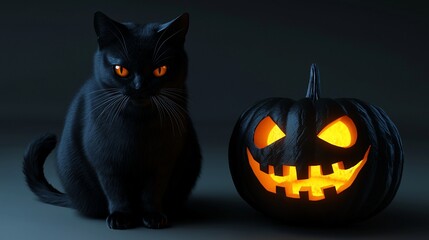 Black cat and illuminated Halloween pumpkin.