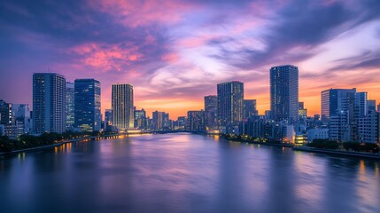 Fototapeta premium Sunset over Tokyo cityscape. Concept of urban beauty, modern architecture, and vibrant city life.