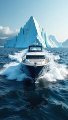 A yacht navigates through turbulent waters with an icy berg looming in the background, vessel, wave