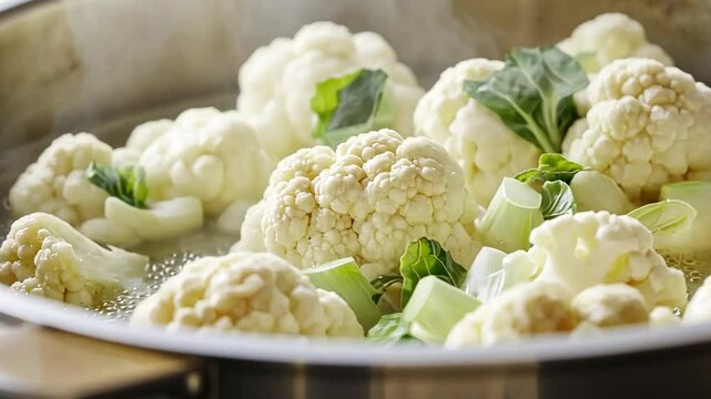 Cauliflower and leeks simmering in pot