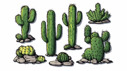 Diverse Collection of Vibrant Cacti Illustrations Ideal for Nature Themes, Botanical Designs, and Graphic Projects
