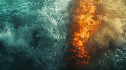 The abstract battle of ice and fire, a wave of burning flame vs frozen water waves in a flowing vs striking texture with a powerful vs delicate design and a magical vs realistic backdrop.