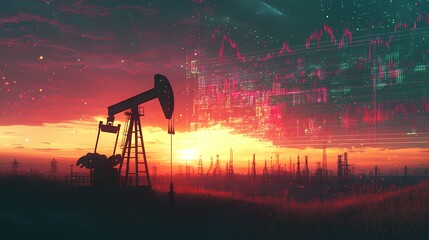 Naklejka premium Sunset Over Oil Pumps with Digital Data Visualization Reflecting Energy Sector Trends and Economic Indicators in a Futuristic Landscape