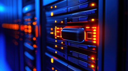 High-Tech Data Center with Illuminated Server Racks and Cables