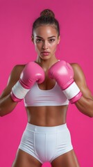 Female boxer wearing pink boxing gloves on pink background