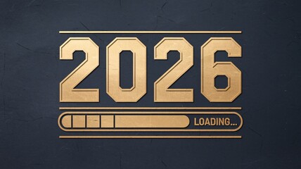 A progress bar illustrates the countdown to the year 2026, with a dark blue background and large, bold text. The loading status emphasizes anticipation for upcoming events.