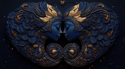 A mesmerizing artwork featuring two symmetrical faces entwined, adorned with intricate designs and golden accents against a dark background.