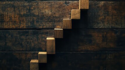 Wooden blocks forming ascending staircase against dark wood background.