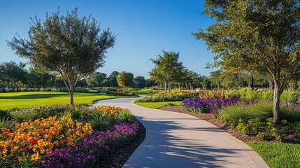 Obraz premium A vibrant park scene with a paved pathway winding through colorful flower beds, trees, and a clear blue sky overhead.