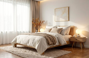 A serene modern bedroom with a minimalist design featuring neutral tones. A cozy bed with beige and white linens rests on a wooden floor. White wall and a blank wooden frame enhance 