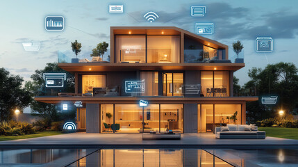 modern smart home with IoT technology, showcasing connectivity and innovation. house features sleek design and outdoor space