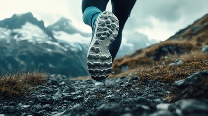 Runner in Mid Stride on Rocky Trail Amid Mountains