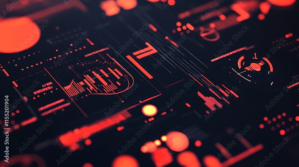 Poster close-up view of a futuristic digital interface hud with red glowing elements for abstract technolog