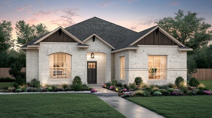Elegant Ranch Style Home Exterior at Dusk