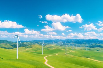 A wind farm with rows of modern wind turbines spinning on a sunny day. Generative AI