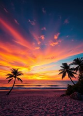  Warm vivid sunset on tropical ocean beach with palm tress silhouettes beach wallpaper summer wallpaper beach background tropical nature
