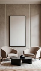 Fototapeta premium modern, living room, blue sofa, wooden legs, beige cushions, abstract art, pastel tones, natural light, large window, indoor plants, woven basket, round table, glass vase, dry herbs, light carpet, min