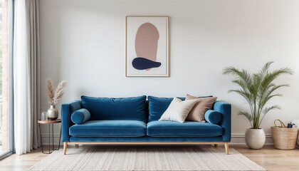 Fototapeta premium Modern living room with blue sofa, beige cushions, abstract art, wooden legs, natural light from large window, cozy atmosphere, indoor plants, minimalist decor, and soft neutral tones.