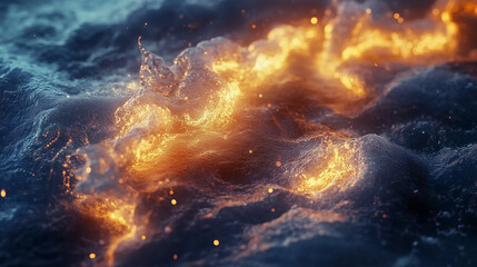 Fototapeta premium Abstract Glowing Lava Waves in a Dark Ocean, Dynamic and Surreal Art
