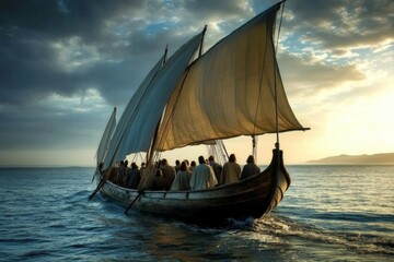 A peaceful voyage with Jesus and His companions on the open sea.