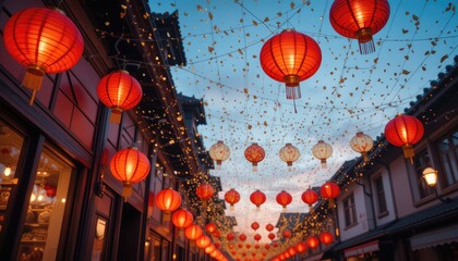 Red and white lanterns illuminating a street. Chinese New Year festival celebration.