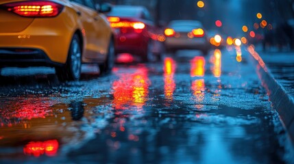 A rainy urban scene with cars reflecting colorful lights in puddles on the street.