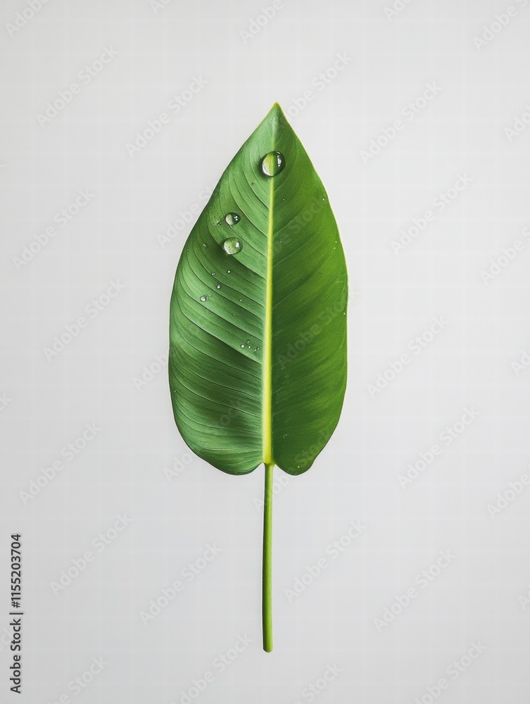 Poster single green leaf resting on a light surface with a perfect water droplet on its edge reflecting nat
