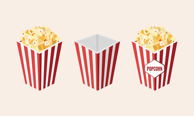 Red and white striped popcorn box, empty, full of popcorn and with logo. Popcorn is a staple snack for watching films. Isolated on a white background. Vector images
