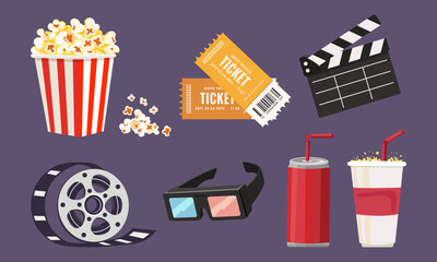 Set of cinema icons popcorn, carbonated drinks, soda, tickets, 3D glasses, cinema film, clapper Time in the cinema. Vector images. Isolated