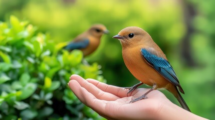 Obraz premium A Bird in Hand Concept, Delicate Hand Cradling Bright Bird with Natural Green Background and Another Bird Faintly Visible Nearby