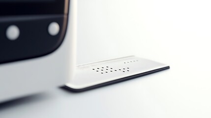 Close-up of a white device with Braille markings on its base, isolated on a white background.