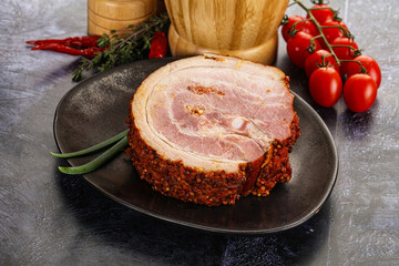 Tasty and fat smoked pork belly